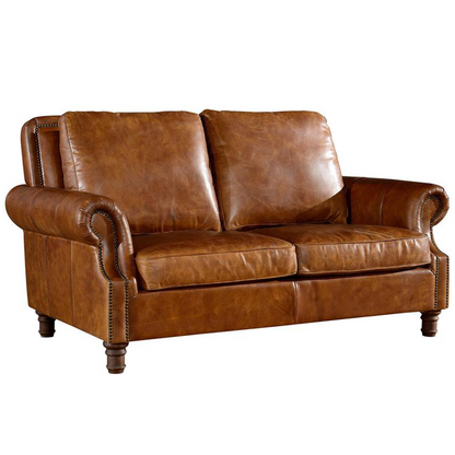 English Rolled Arm Love Seat - Light Brown Leather