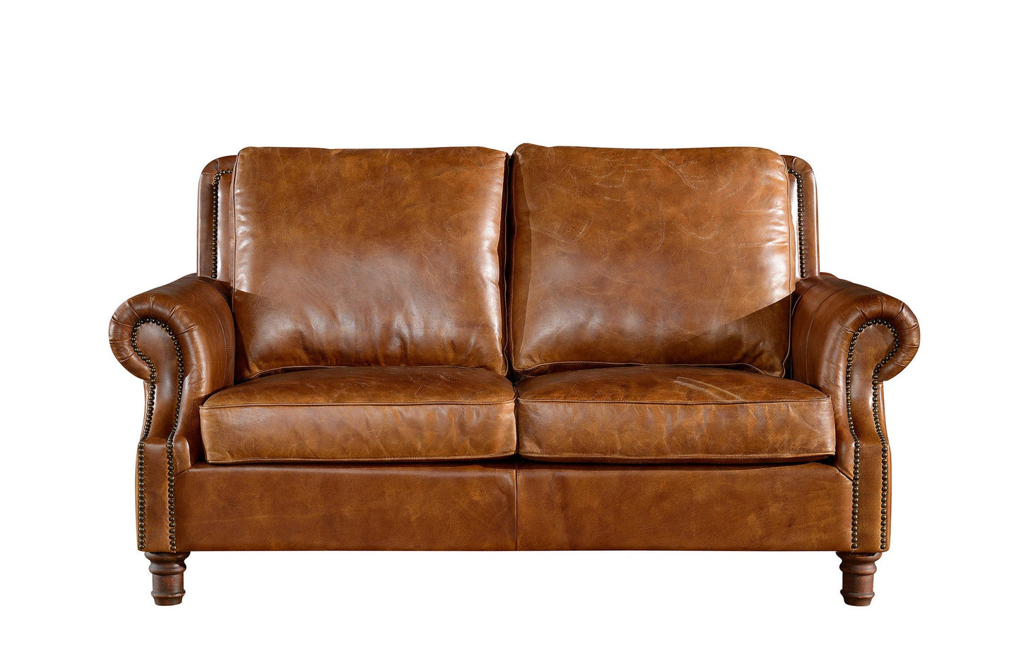 English Rolled Arm Love Seat - Light Brown Leather